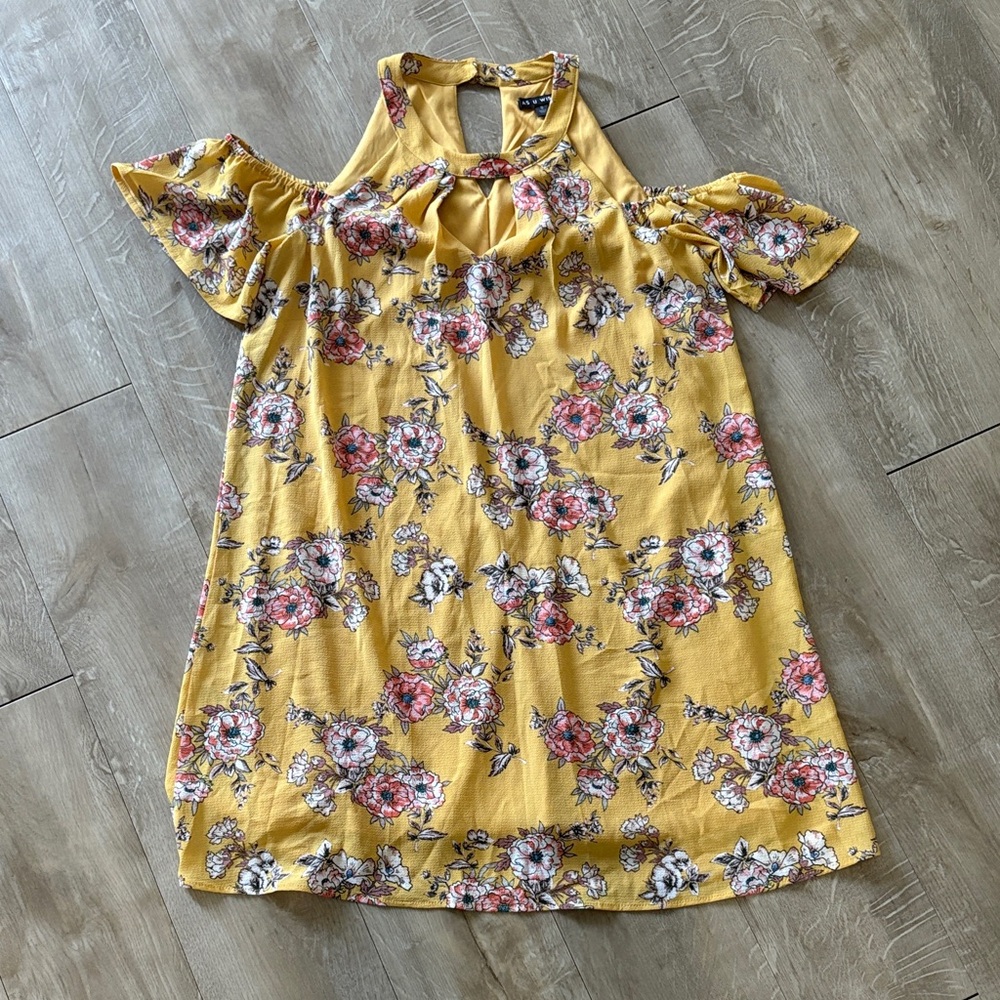“As U Wish” Yellow Floral Dress Off The Shoulder Sleeves Size Small